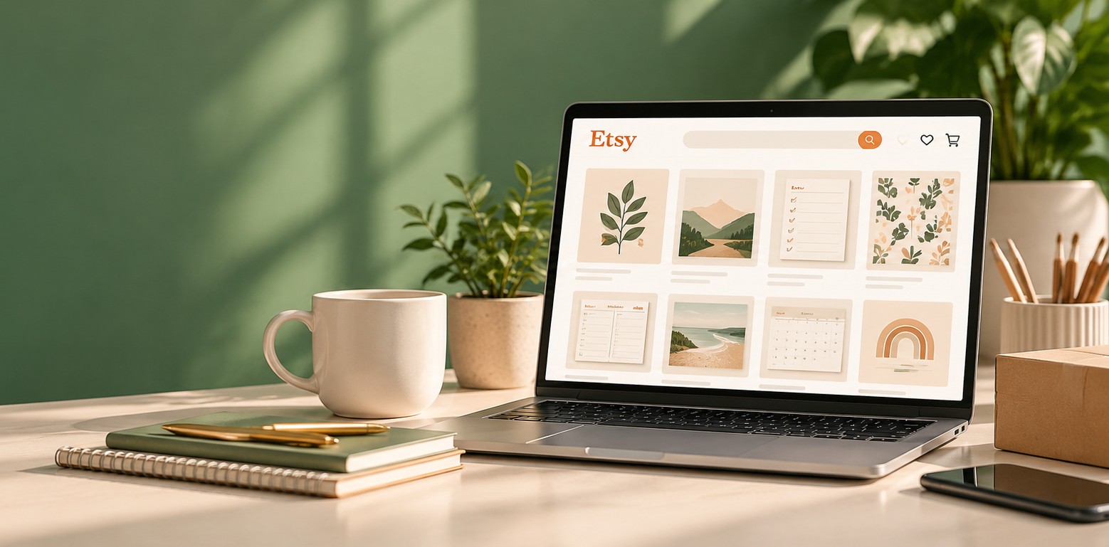 Laptop che mostra un negozio Etsy di planner e prodotti stampabili su una scrivania ordinata