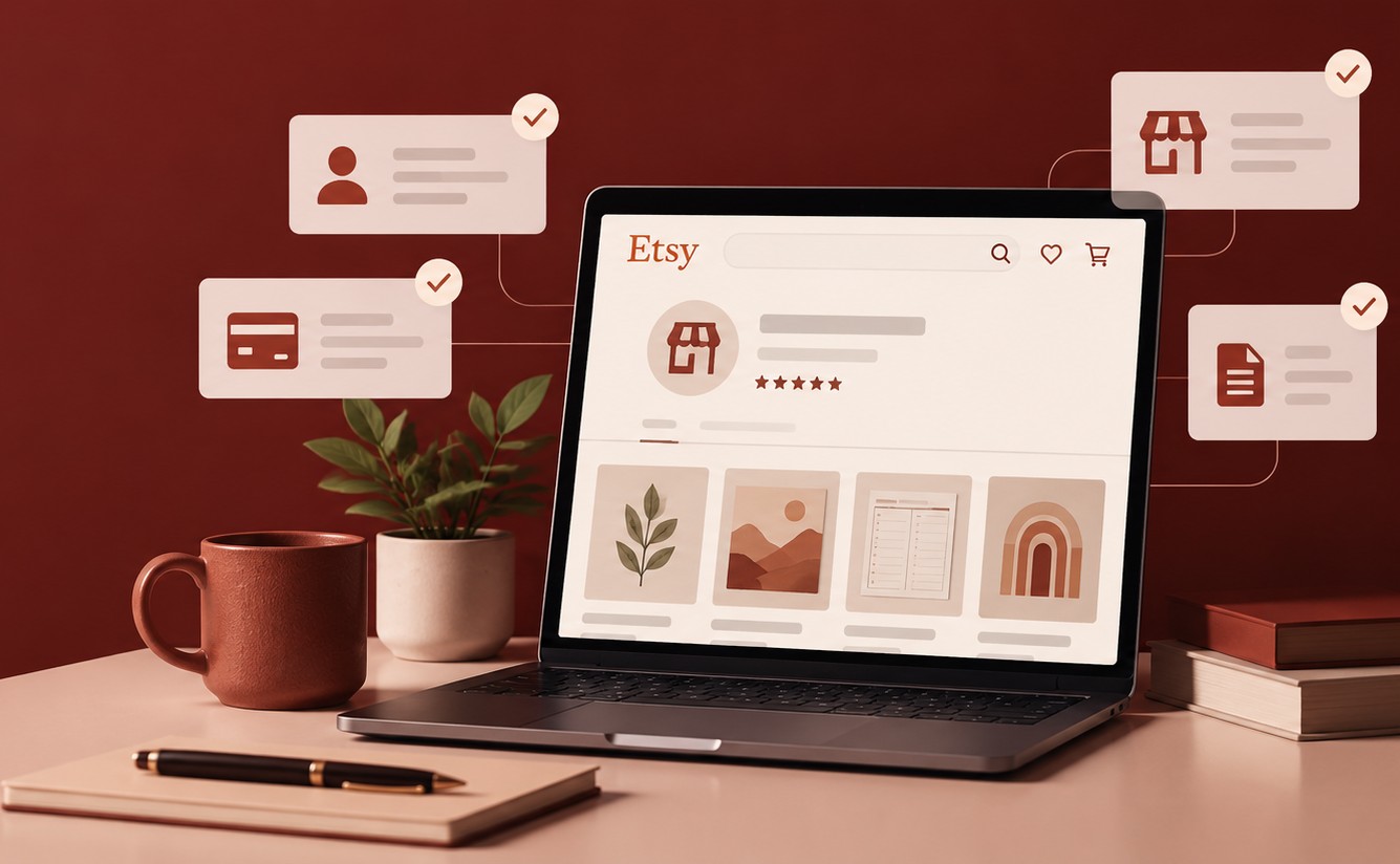 Laptop con la pagina di un negozio Etsy e icone di profilo, pagamento, negozio e politiche