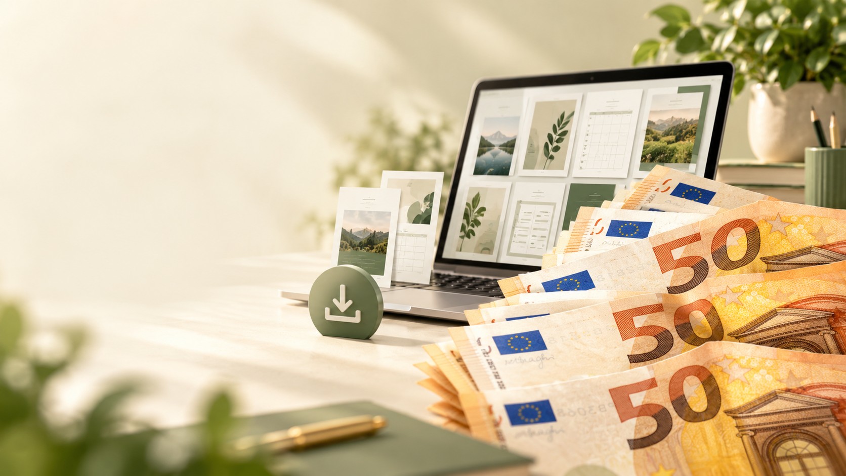 Laptop con un negozio Etsy di prodotti digitali e banconote da 50 euro sulla scrivania
