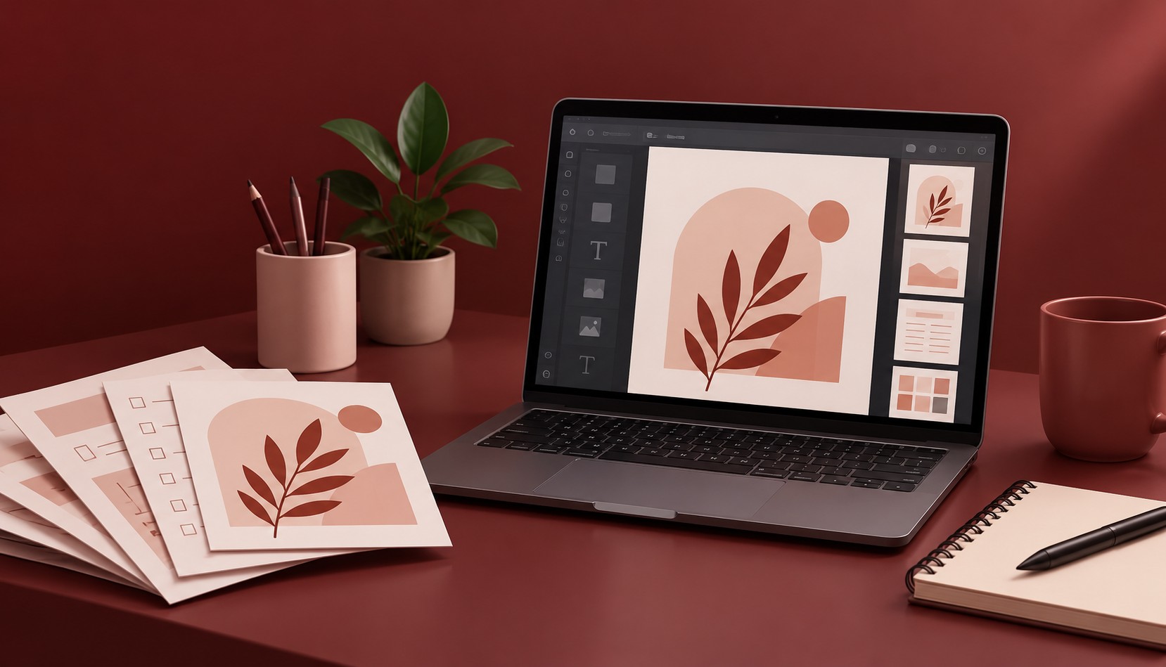 Laptop con un software di design aperto su un'illustrazione, accanto a stampabili e a un quaderno