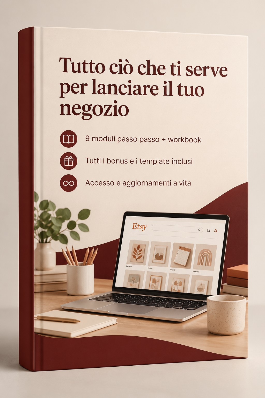 Copertina dell'ebook “Tutto ciò che ti serve per lanciare il tuo negozio” con un laptop che mostra un negozio Etsy