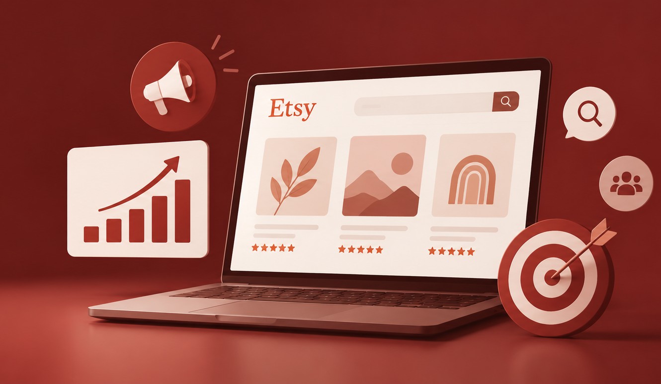 Laptop con inserzioni Etsy, un megafono, un grafico di crescita e un bersaglio a rappresentare promozione e visibilità