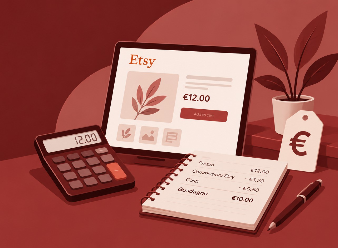 Inserzione Etsy da 12 euro accanto a una calcolatrice e a un quaderno con il calcolo di commissioni e guadagno
