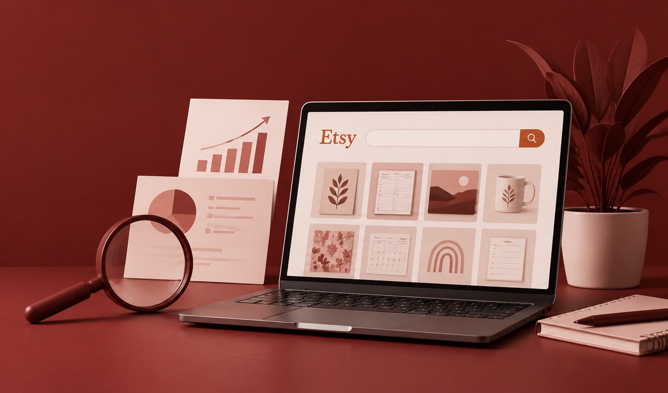 Laptop con prodotti Etsy, una lente d'ingrandimento e un grafico di crescita a rappresentare la ricerca di nicchia