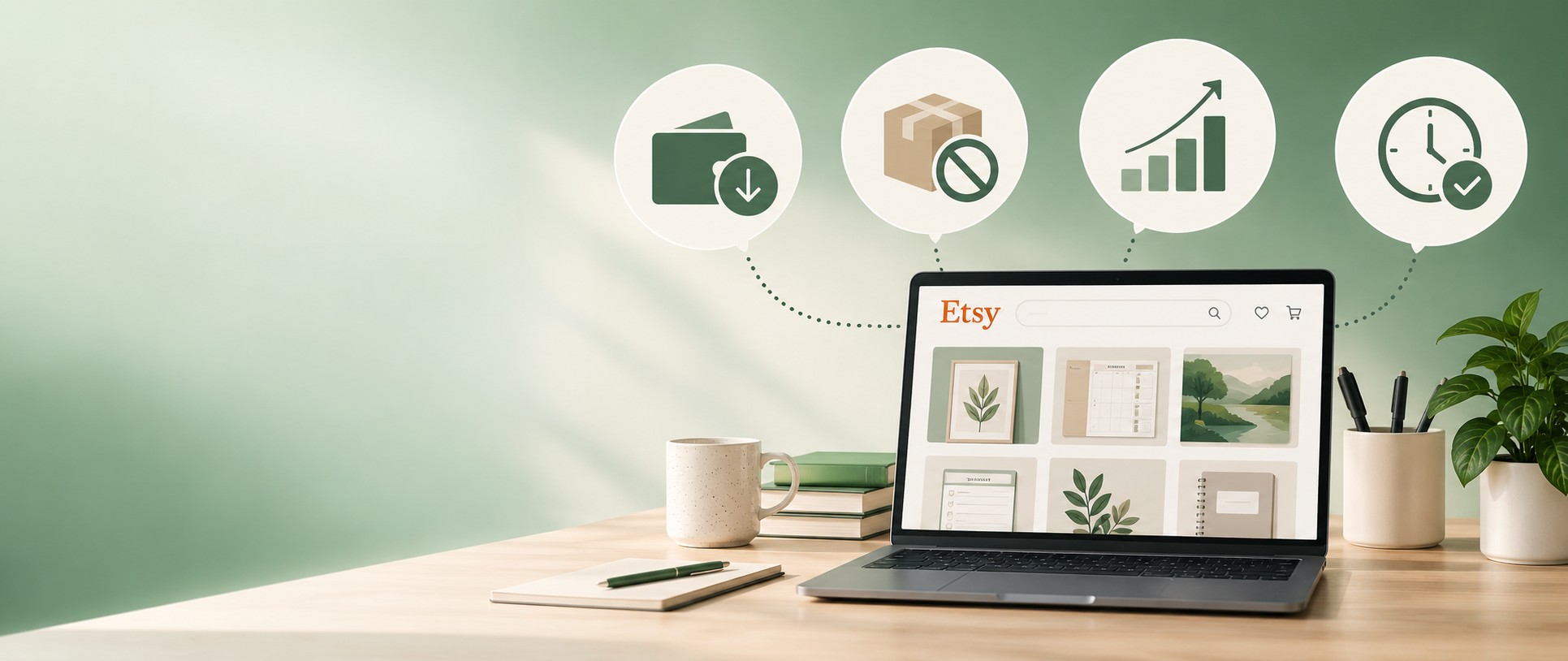 Laptop con un negozio Etsy e icone che rappresentano pagamenti, assenza di spedizioni, crescita e consegna immediata